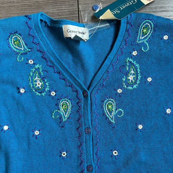 Vintage NWT Cerulean Blue Knit Short Sleeve Paisley Embroidered Cardigan Size 2X - Picture 4 of 5